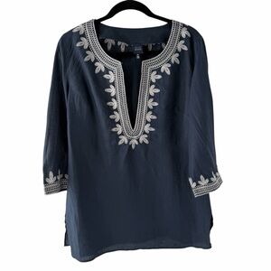Saks Fifth Avenue Blue 100% Linen  Women's Tunic Cover-up with White Embroidery